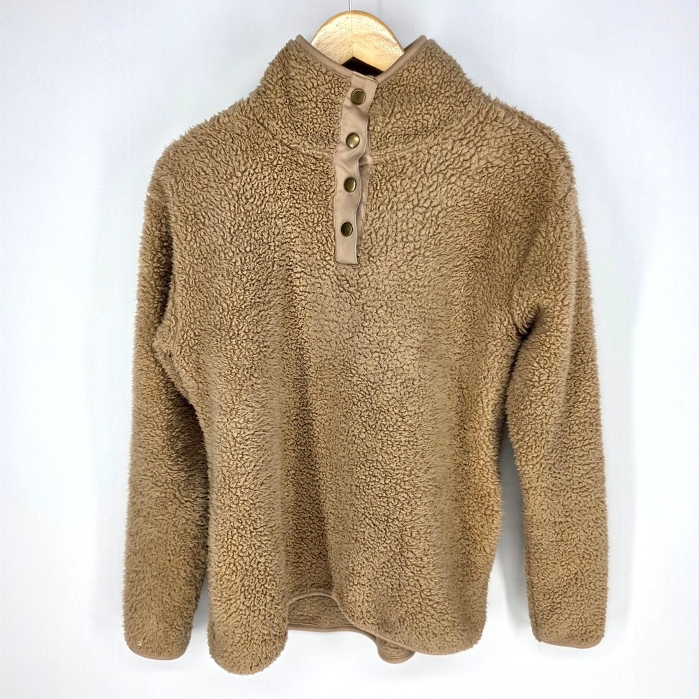 Crown & Ivy Sherpa‎ Fleece Pullover Womens Small Tan Snap Neck Mock Sweater Cozy